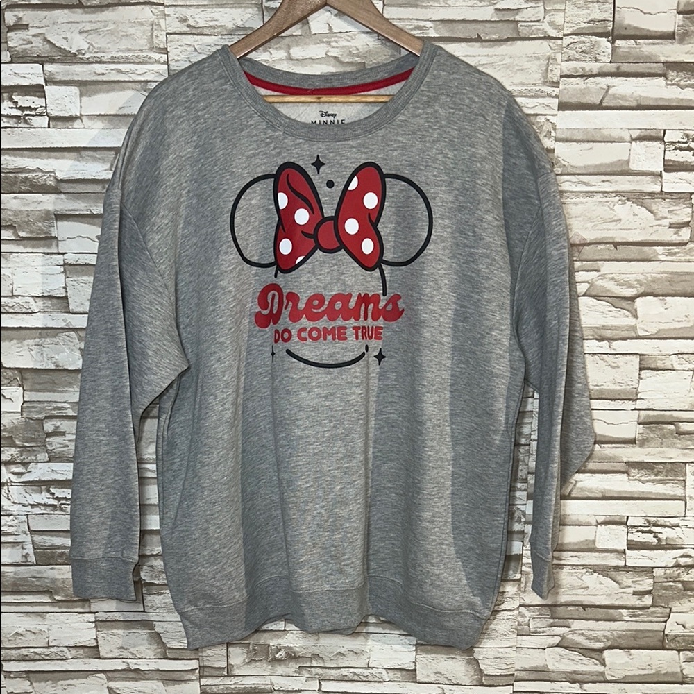 Disney Minnie Mouse Gray Sweatshirt with Red Bow Design Dreams Do Come True